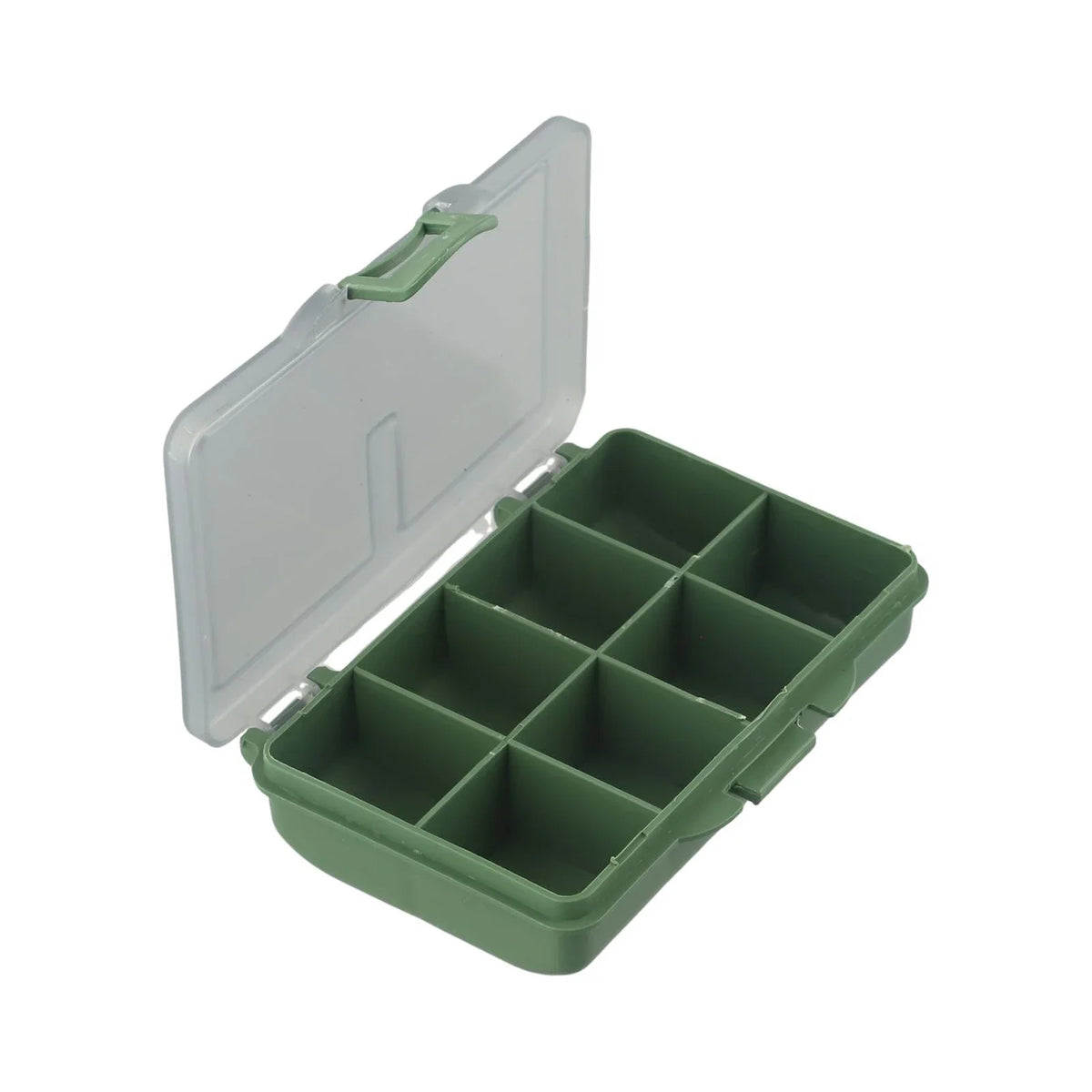 boîte pêche compartiments vert gris plastique lisse pratique compact poignée