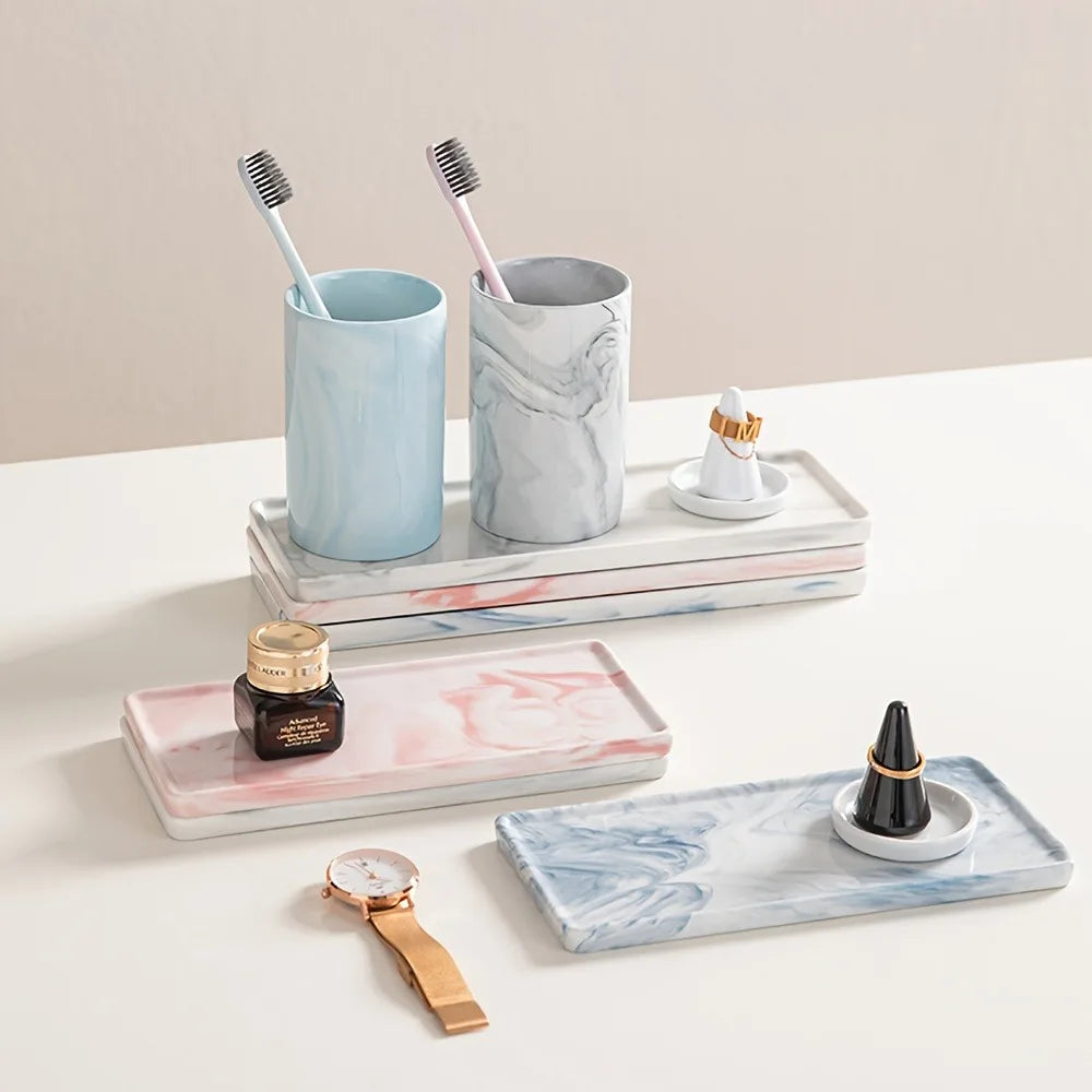 assiettes marbre blanc rose bleu moderne rangement salle bain coiffeuse domestique