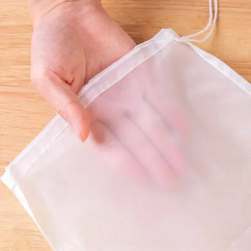 sac filtrant réutilisable nylon blanc cordon lait végétal fromage yaourt cuisine