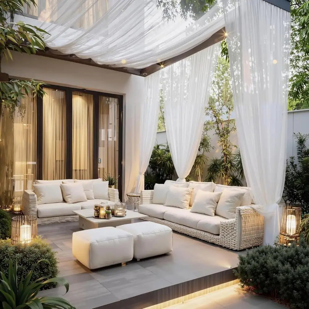 rideau extérieur semi transparent noir blanc moderne pochette tringle patio véranda