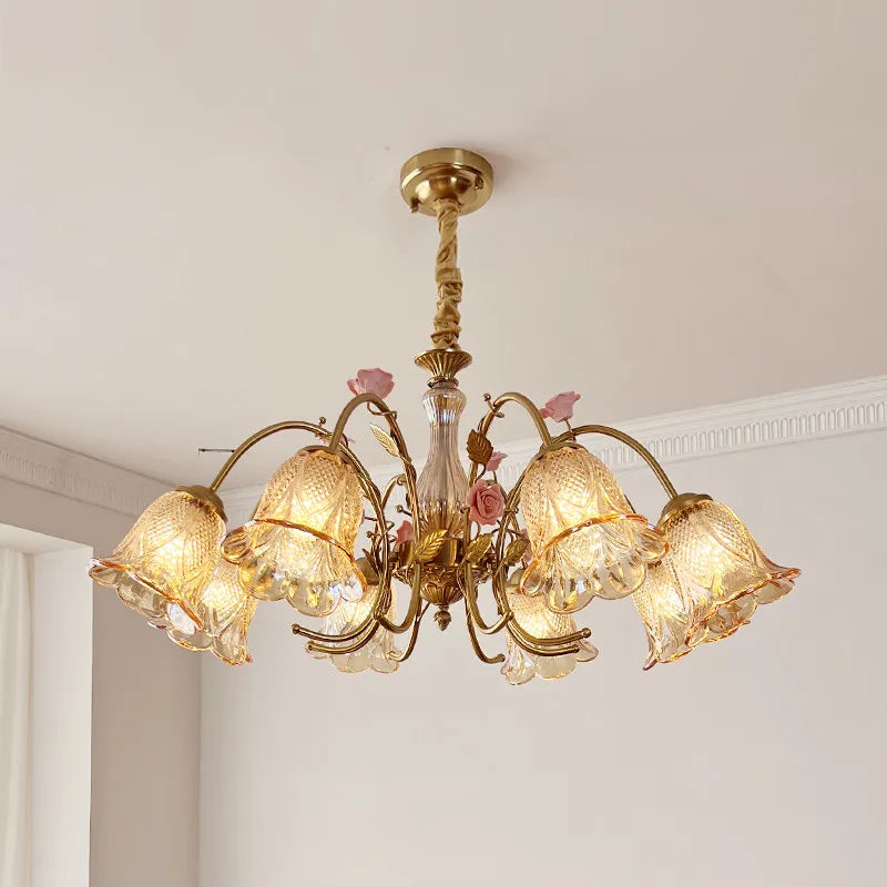 chandelier floral or rose led abat jours transparents têtes vintage