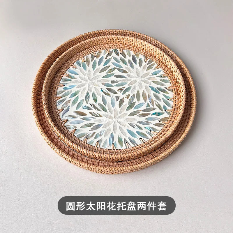 assiettes rotin naturel fleurs motifs floraux mosaïque traditionnel artisanal set deux