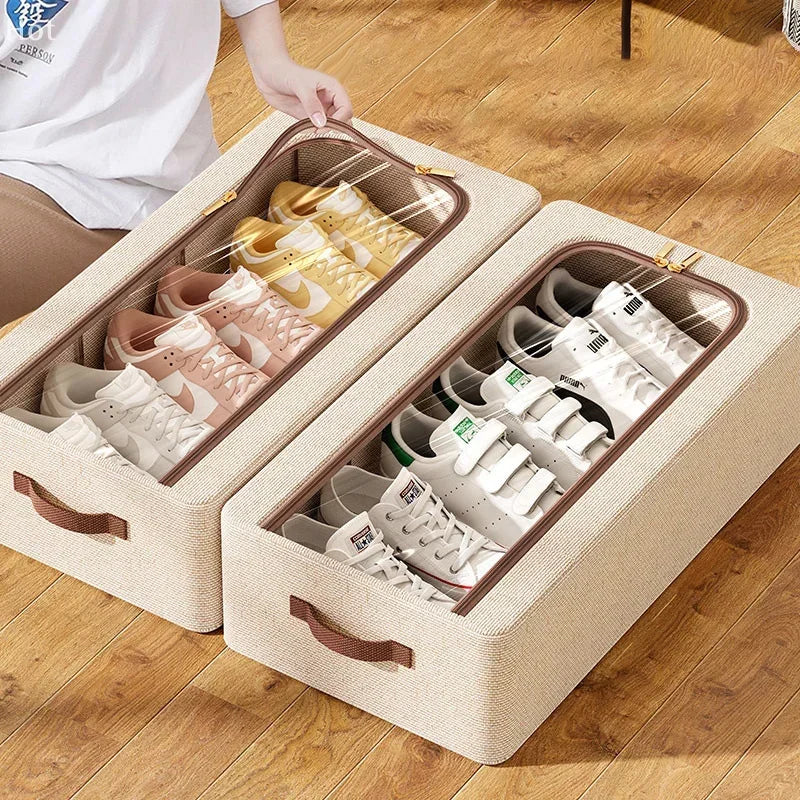 boîte rangement pliable chaussures tissu lin moderne poignées robustes transparente conteneur storage