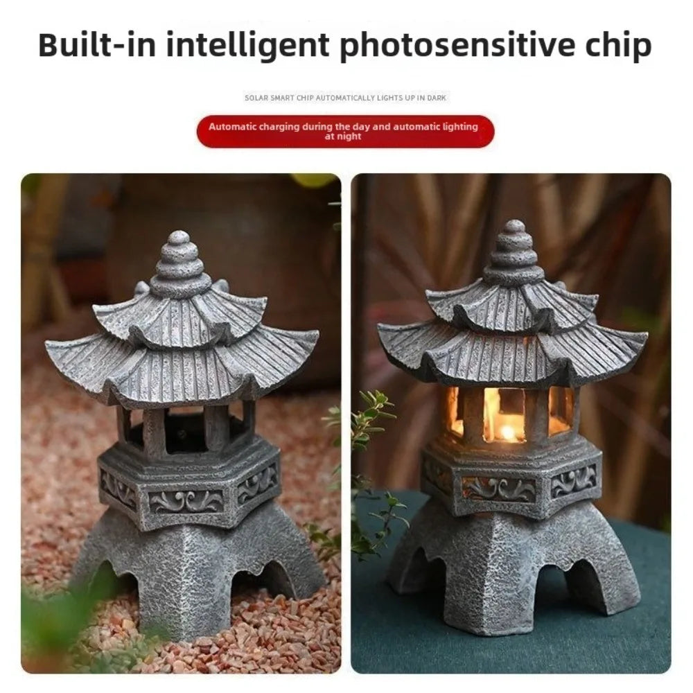 lanterne traditionnelle gris texture granitée détails sculptés japonais lampe led base graniteextérieur jardin