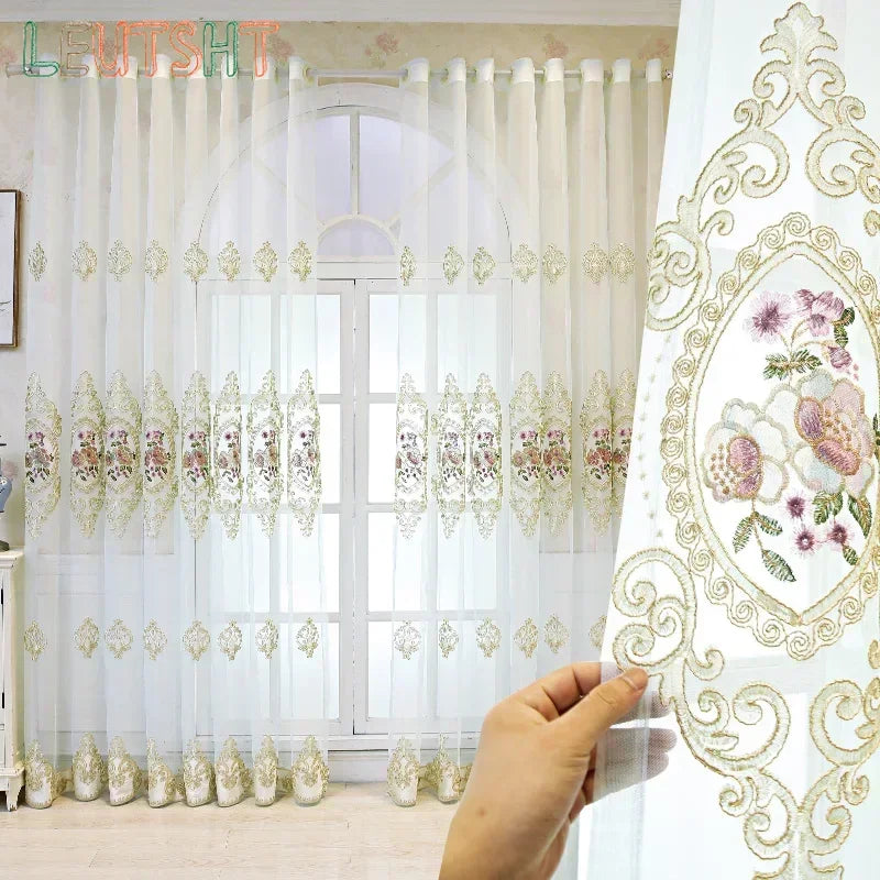 rideau tulle transparent brodé fleur doré élégant maison moderne polyester