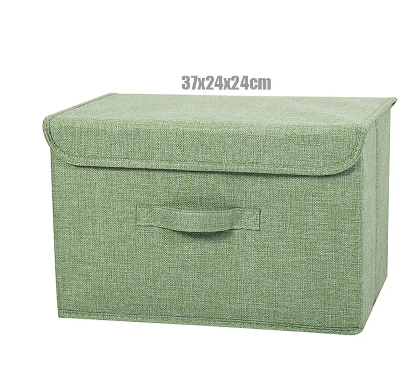 boîte rangement pliable tissu lin gris beige couvercle poignées vêtements