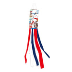 Éventail vent koinobori japonais motifs maneki neko rubans colorés bleu marine rouge blanc