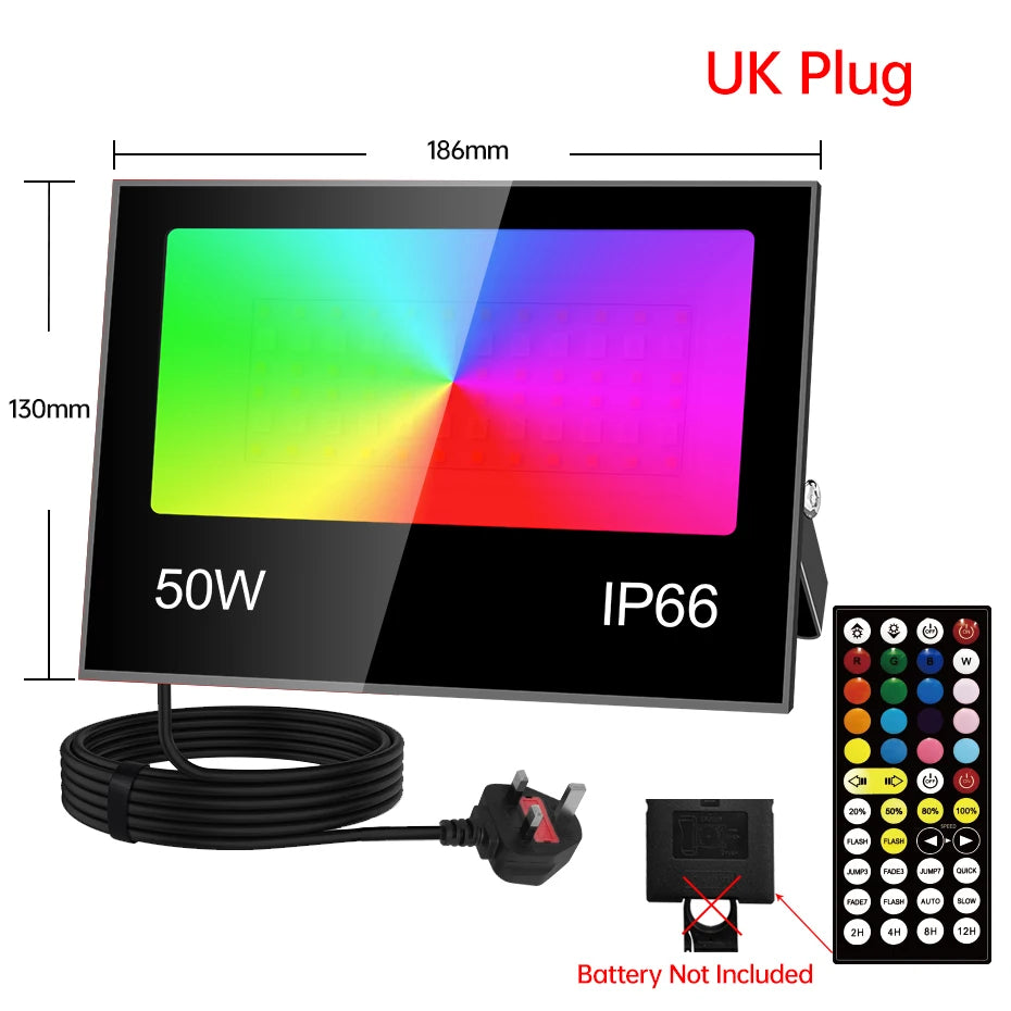 projecteur led rgb ip66 étanche extérieur télécommande réglage luminosité noir moderne