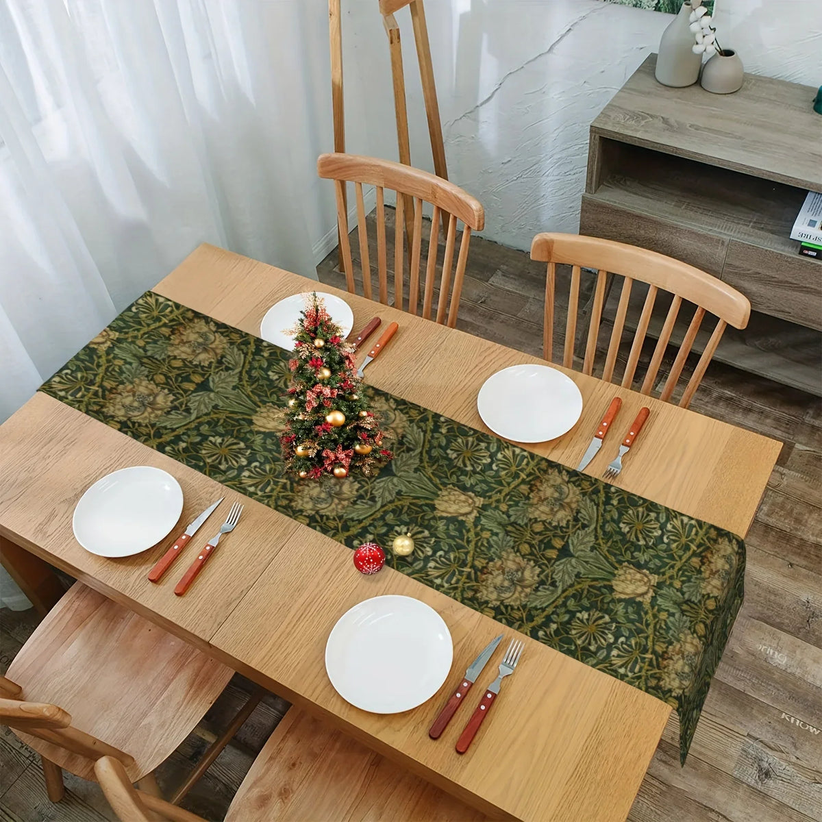 nappe lin motif floral william morris vert foncé beige arts crafts décoration table festive