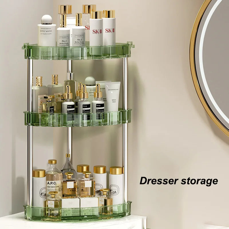 étagère rangement moderne transparente rayures vertes clips bouteilles cosmétiques savon brosse dents minimaliste