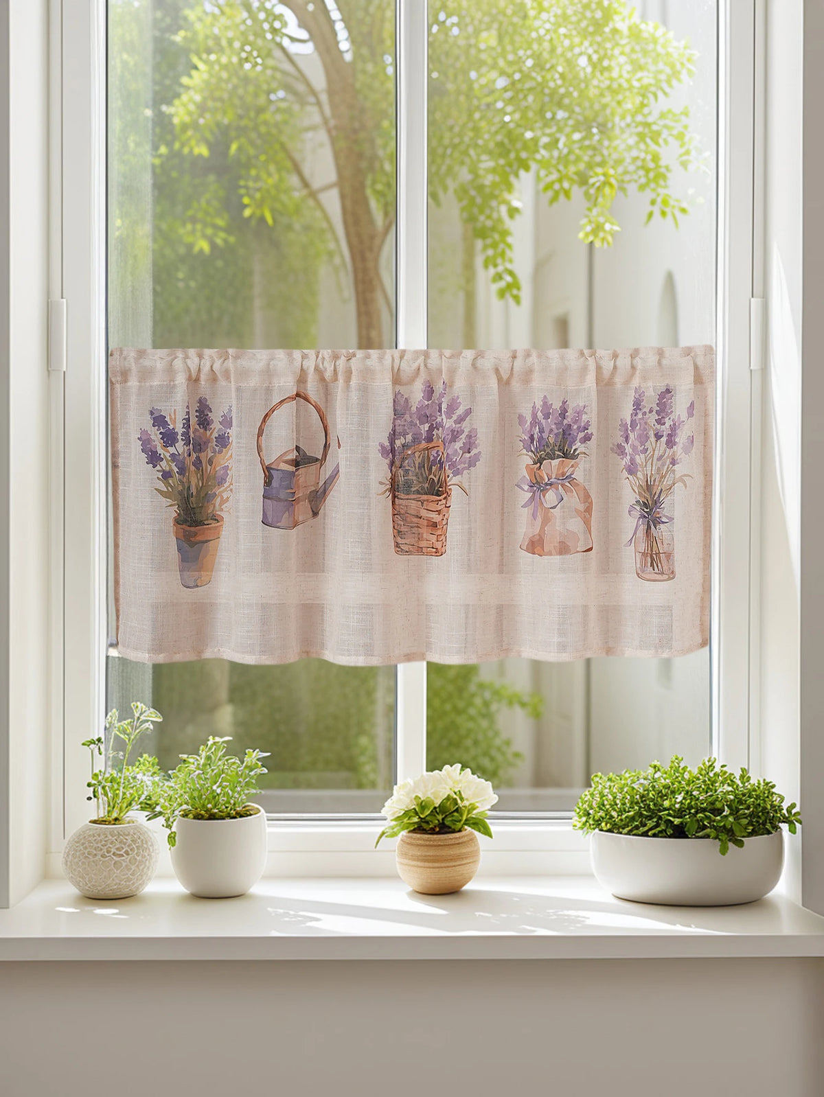 rideau fenêtre beige clair fleurs lavande paniers tissu léger opacité décoratif rustique anneaux métalliques