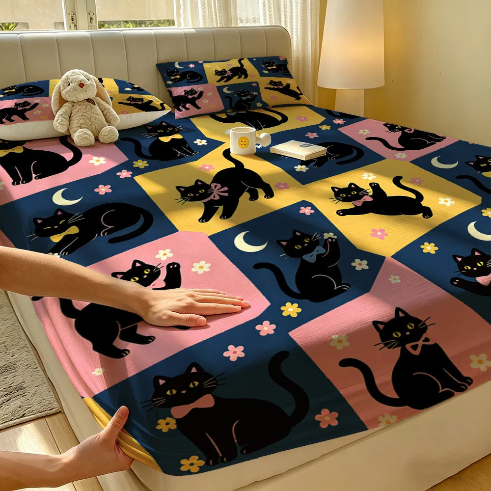 drap housse lit motif chats noirs fleurs colorées moderne taies oreiller bleu foncé jaune