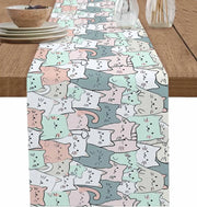 nappe lin chats imprimés rose vert menthe moderne décontractée assiettes couverts verres fleurs