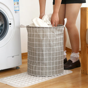 panier linge pliable rayures horizontales gris clair beige moderne réutilisable fibre végétale poignées bois