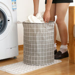 panier linge pliable rayures horizontales gris clair beige moderne réutilisable fibre végétale poignées bois