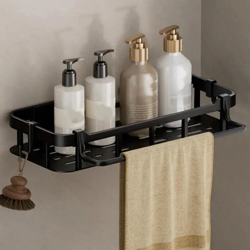 étagère salle bain adhésive noire moderne grille perforations serviette brosse dents góc nhìn khách