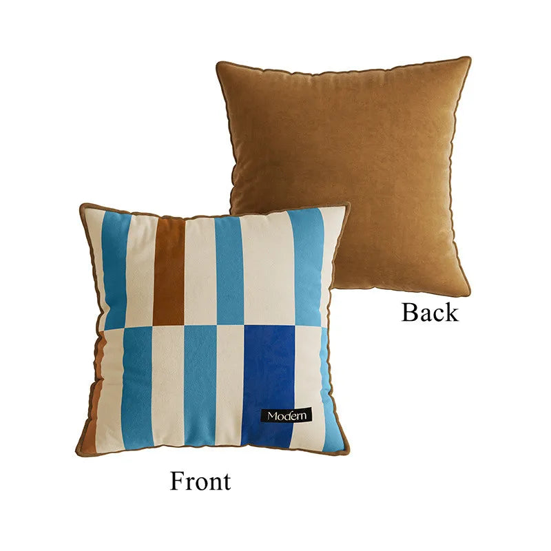 taies d'oreillers carrées modernes carreaux géométriques bleu beige marron velours 45x45cm 55x55cm lit canapé