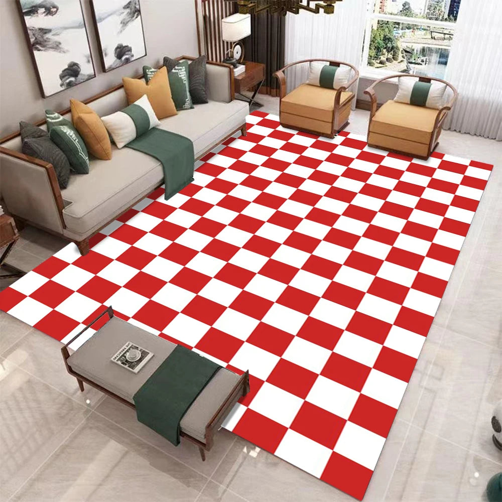 tapis salon moderne motif damier carreaux géométriques bleu vert blanc anti dérapant velours