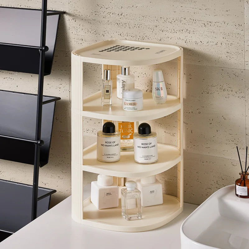 étagère rotative moderne multi niveaux beige clair rayures verticales supports rangement robuste anti dérapant