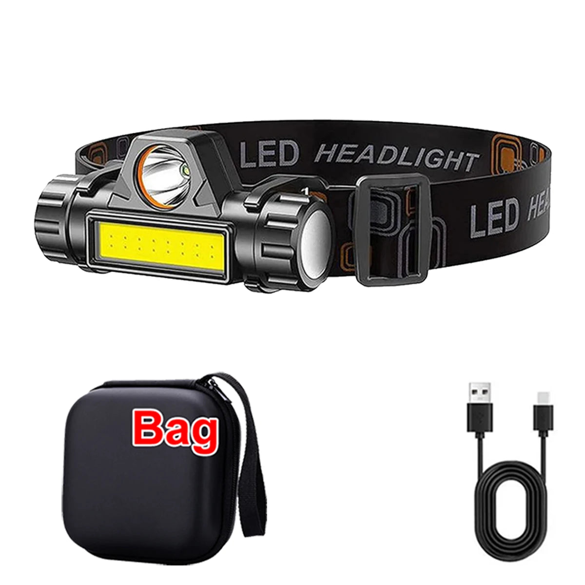 lampe frontale led noir clip camping pêche nuit haute luminosité étanche rechargeable usb