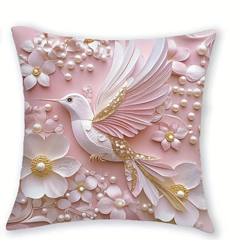 housse coussin imprimé fleurs papillon rose blanc doré adhésive décoration intérieure 40x40cm