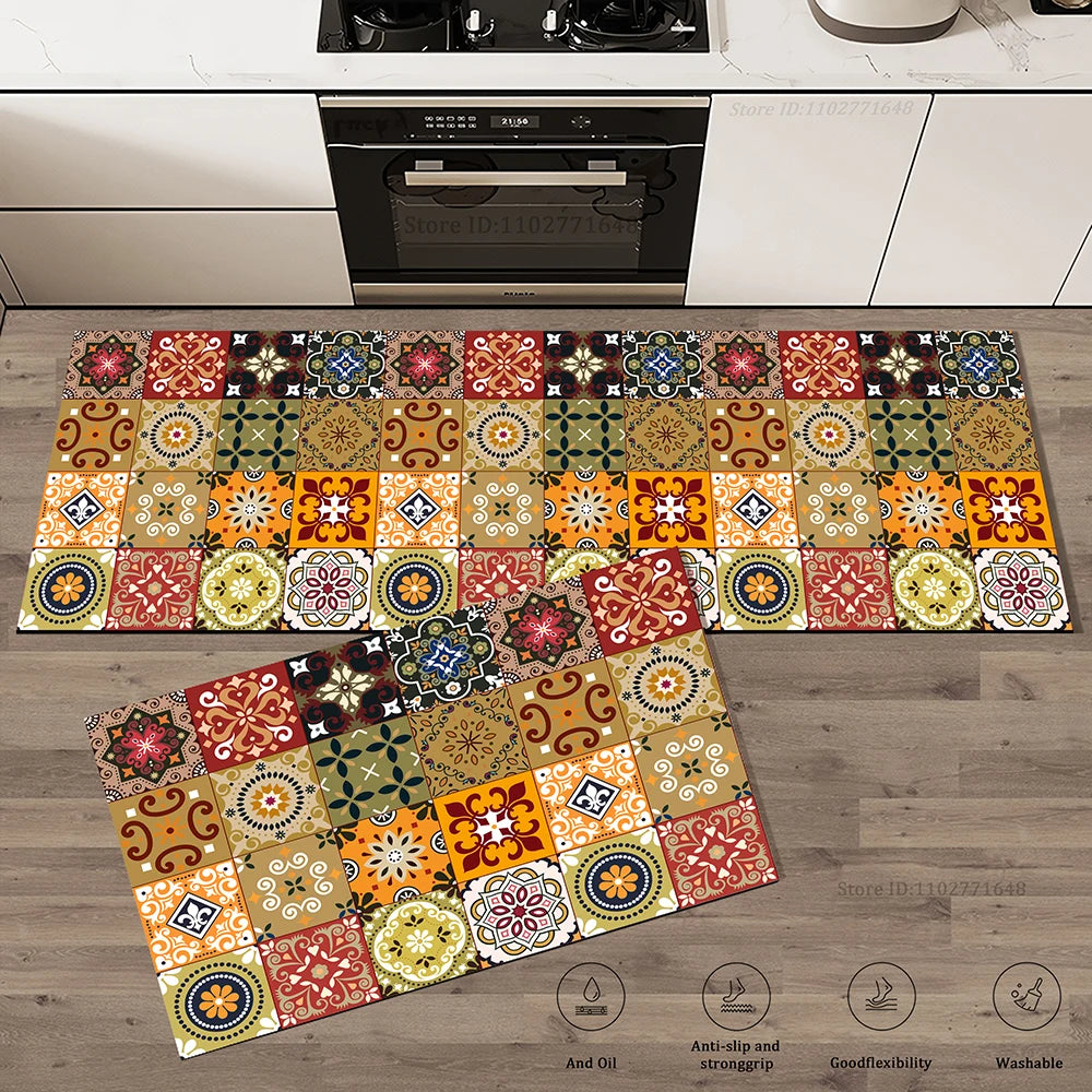tapis sol moderne multicolore motif carreaux géométriques ethnique antidérapant intérieur cuisine salle bain