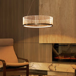 suspension lumineuse moderne dorée tissu beige filigrane salon restaurant chambre doré opaque