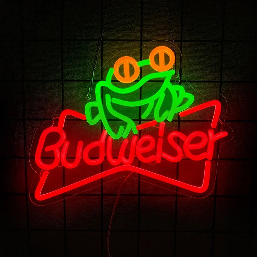 enseigne lumineuse néon logo budweiser grenouille couleur rouge bleu jaune vert fixations câble usb