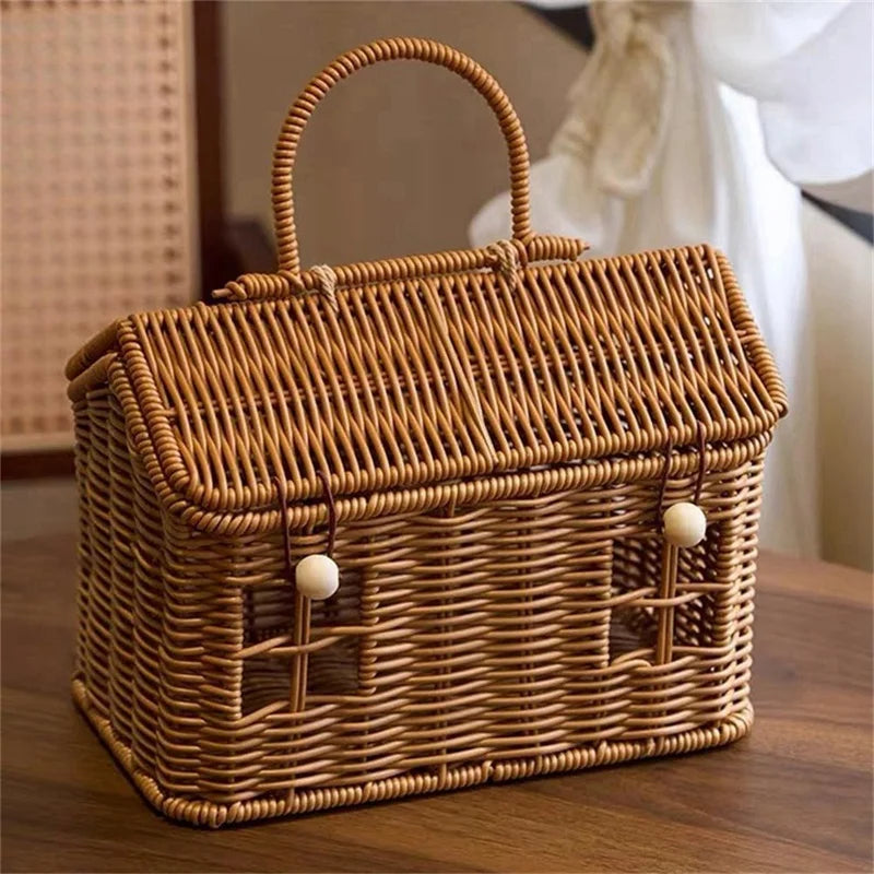 panier tressé forme maisonnette marron clair fenêtres ouvertes rustique anse transport éléments décor