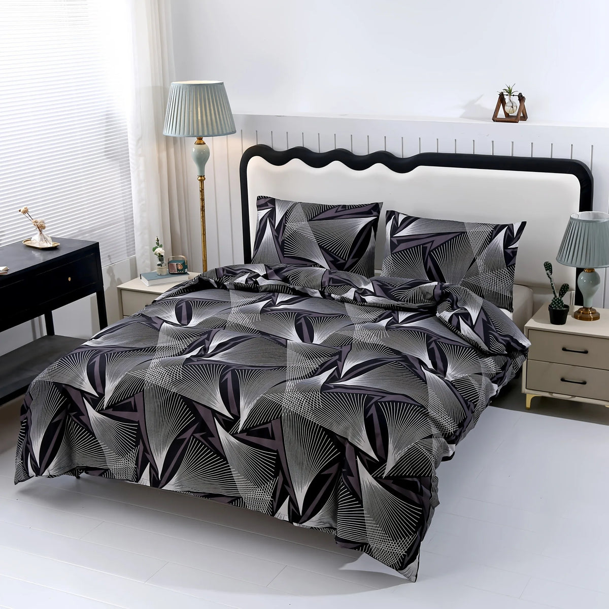 parure lit housse couette taies oreillers motif géométrique noir blanc moderne