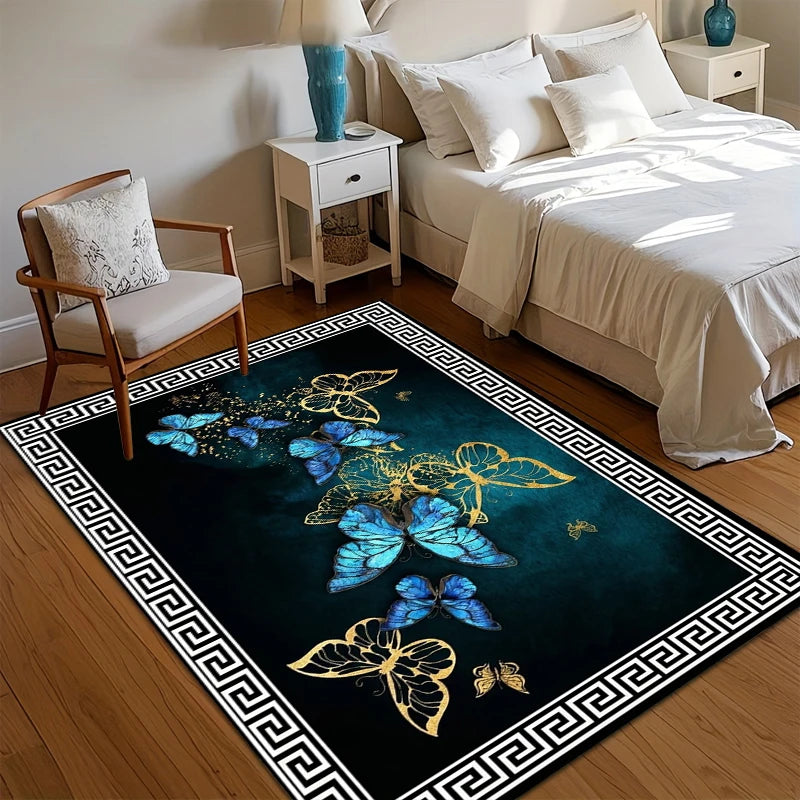 tapis moderne papillons doré bleu salon chambre motifs décoratif polyesterextérieur commercialisée lavage machine