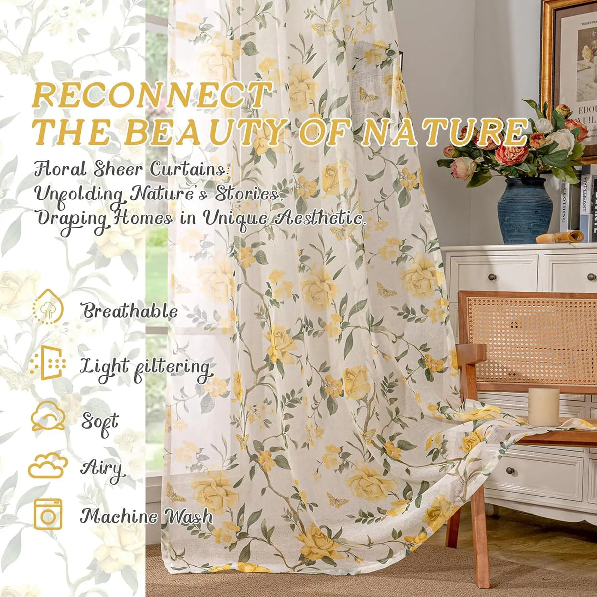 rideaux légers fleur rose jaune motifs floraux champêtre translucides salon chambre coucher