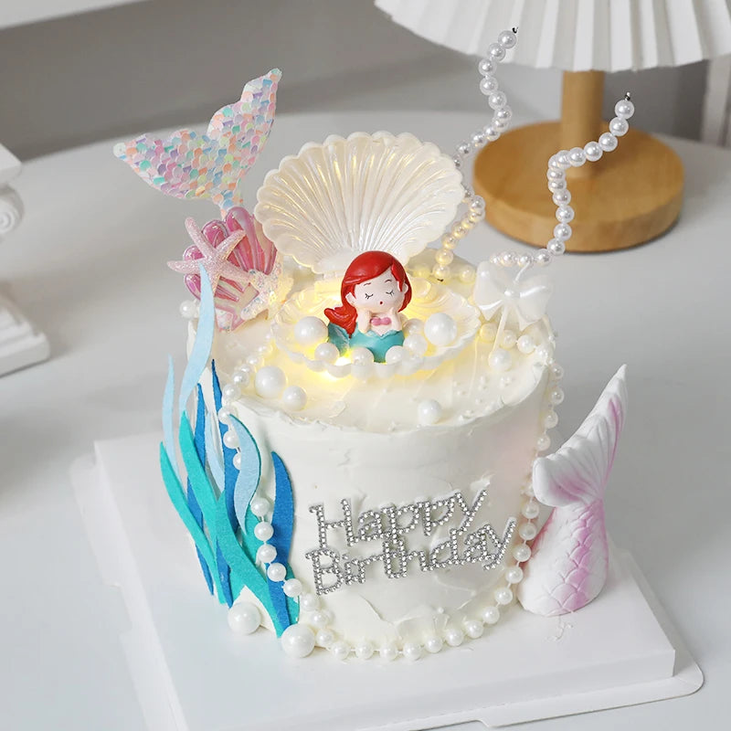 figurine sirène poisson coquillage gâteau anniversaire thème sous marin décoratif happy birthday