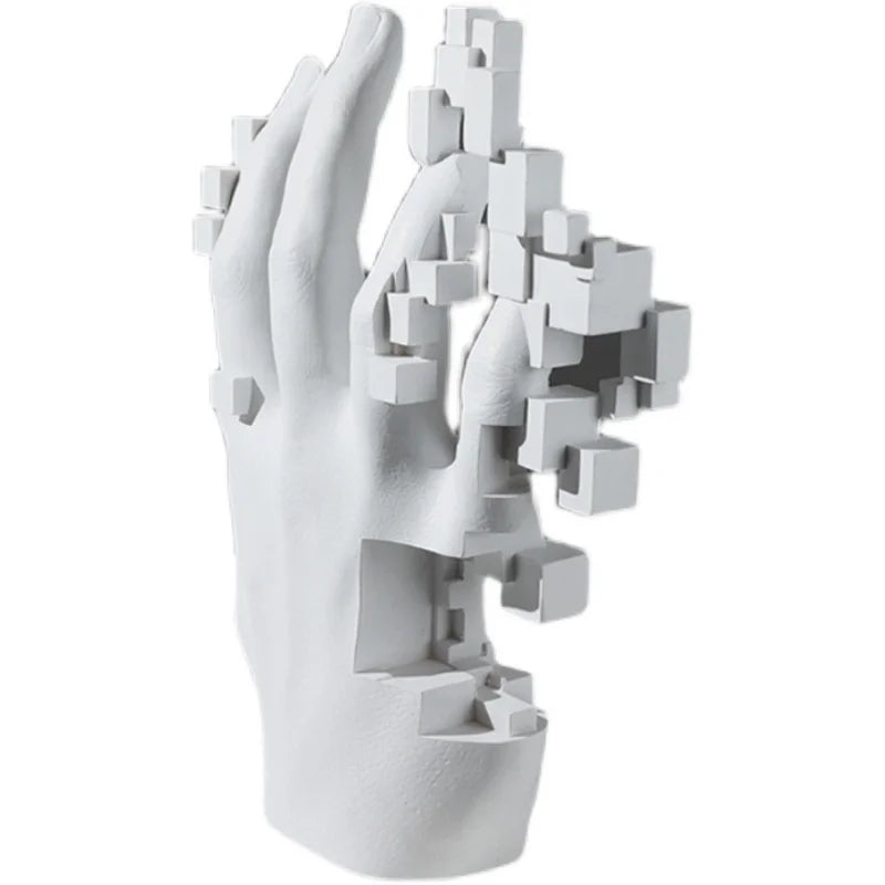 sculpture décorative main humaine moderne résine blanc gris clair texturée cube