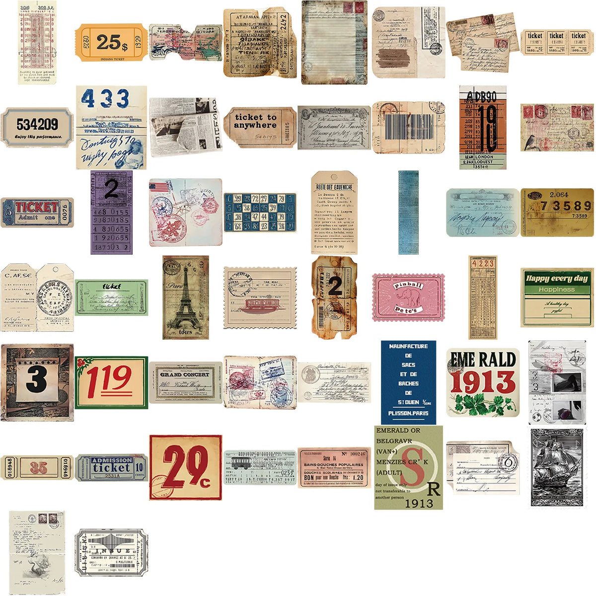 tickets vintage rétro collection ancien collage opacité beige marron bleu vert rouge noir blanc