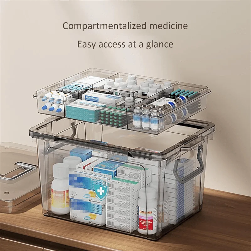 boîte rangement médicaments transparente moderne compartiments multiples poignée imperméable chambre coucher trousseau premiers soins