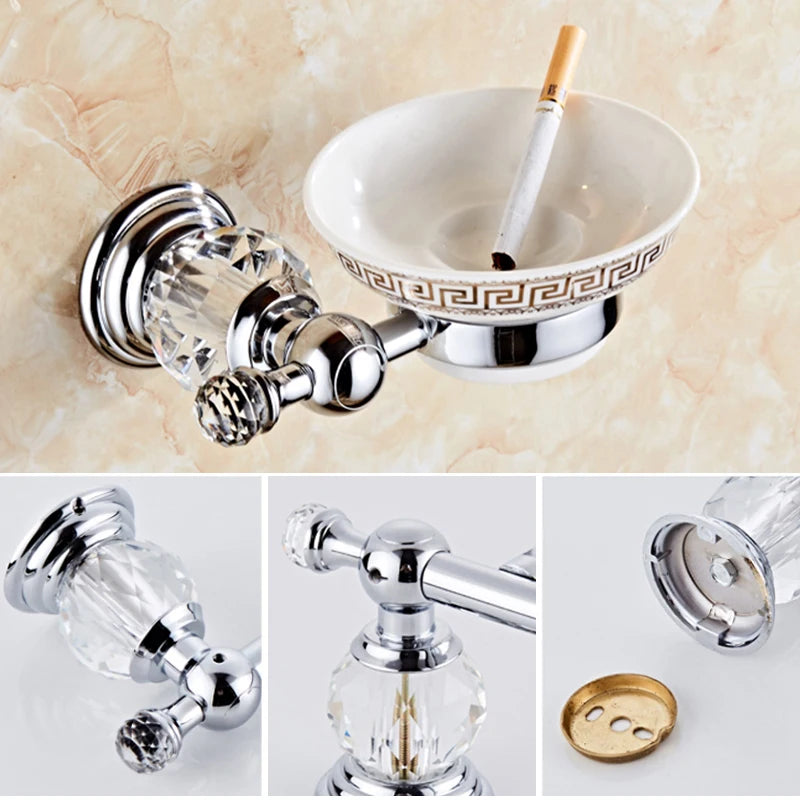 accessoires salle bain chrome cristaux motifs dorés porte savon dentifrice serviettes goblets sèche cheveux
