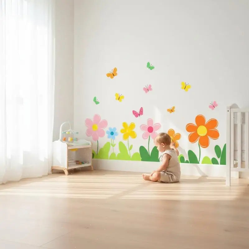 sticker mural fleurs multicolores papillons adhésif décoration enfantine chambre maison