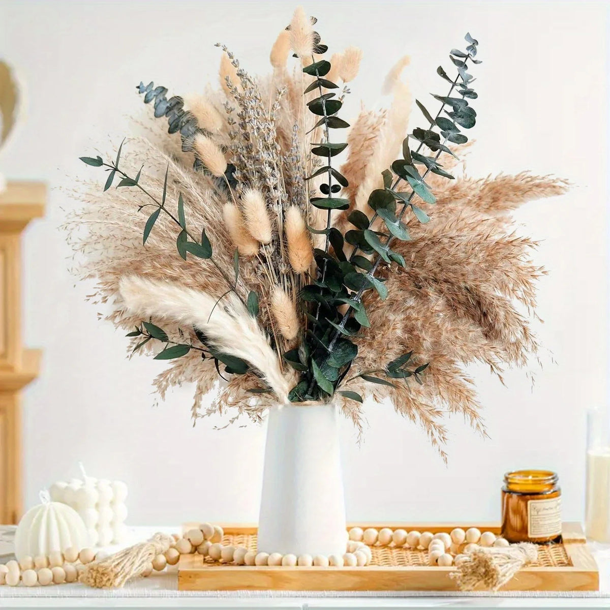 bouquet fleurs séchées beige vert boho rustique décoration intérieure anniversaire mariage pendaison crémaillère