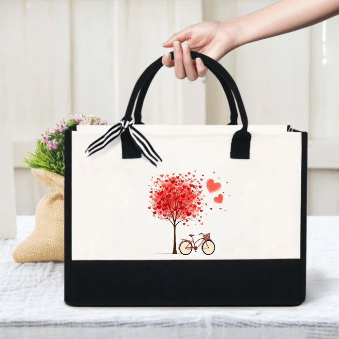sac main toile beige noir arbre coeurs vélo moderne respectueux environnement poignées détachables fermeture