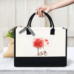 sac main toile beige noir arbre coeurs vélo moderne respectueux environnement poignées détachables fermeture