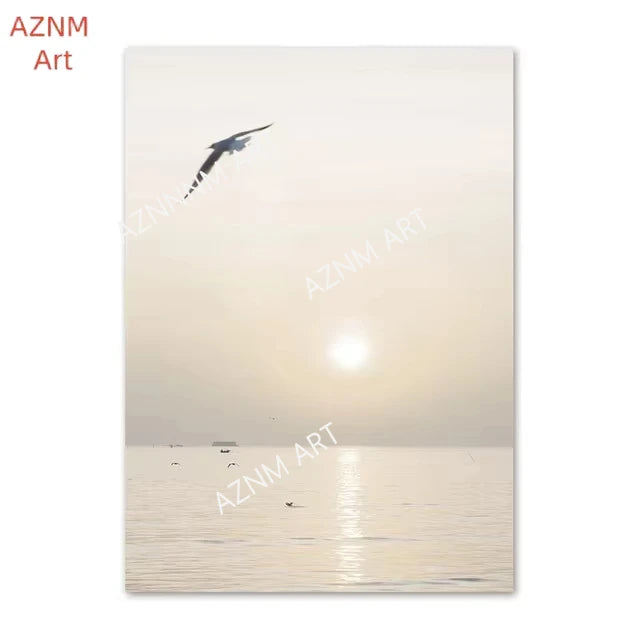 affiches art minimaliste paysages marins plumes feuilles beige blanc gris bleu clair toile opaques