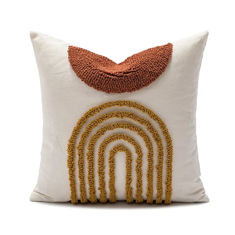 coussin décoratif nordique brodé motif géométrique beige moutarde orange brun boho chic