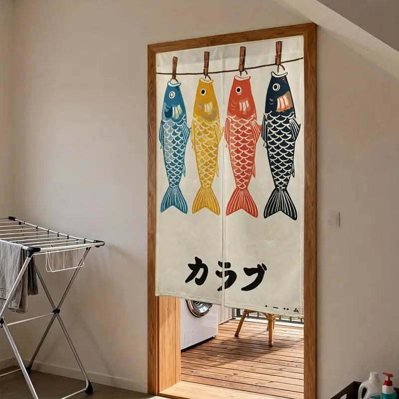 rideau porte poissons koi japonais bleu rouge jaune clips traditionnel polyester opaque