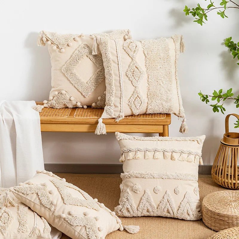 coussin beige géométrique frange boho chic intérieur décoration maison lavable