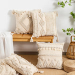 coussin beige géométrique frange boho chic intérieur décoration maison lavable
