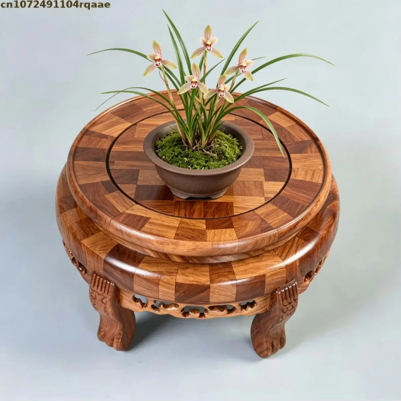 table d'appoint bois précieux classique marron foncé motifs géométriques pieds sculptés
