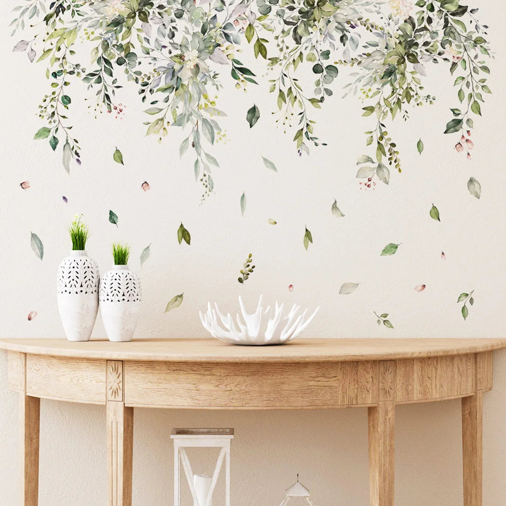 sticker mural adhésif feuilles branches fleurs aquarelle naturel bohème champêtre résistant eau