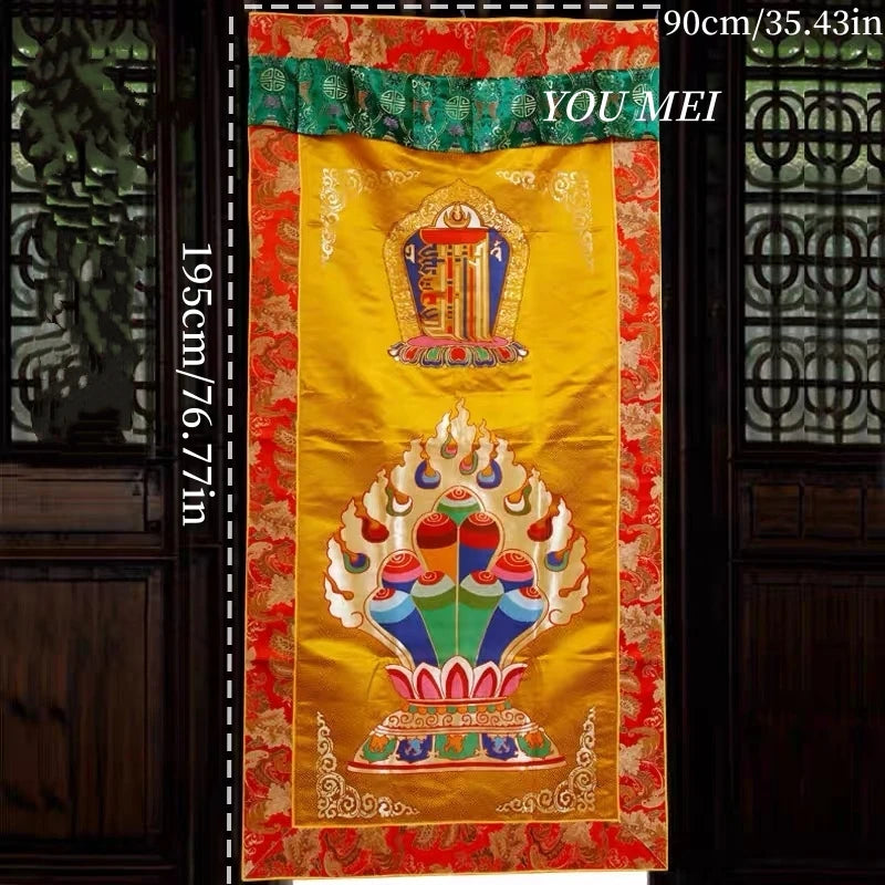 rideau decoratif tibetain brode tissu couleur rouge or floral geometrique pagode opaque maison