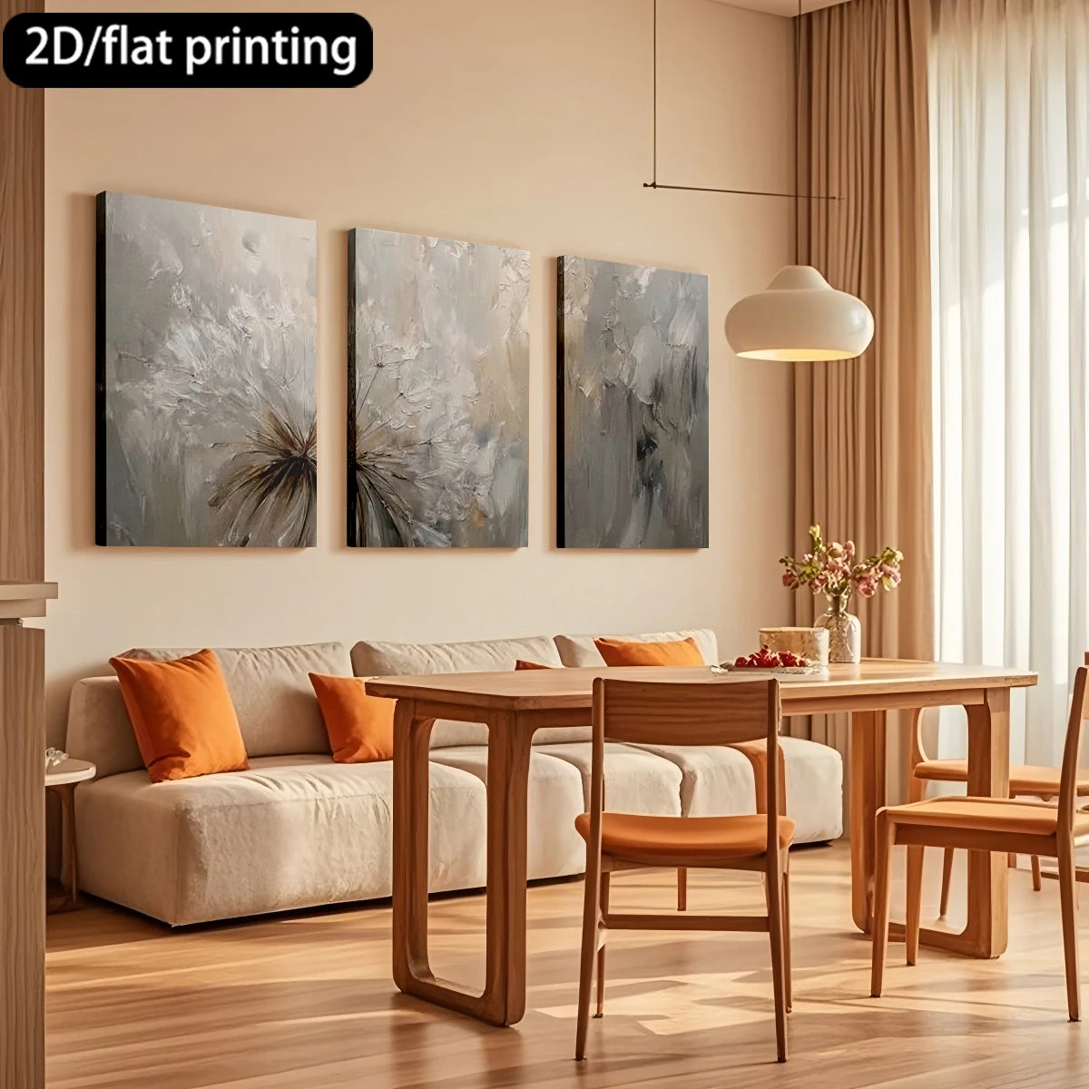 tableaux abstraits moderne minimaliste toile imprimée cadre bois triptyque décoration chambre tons doux fleurs